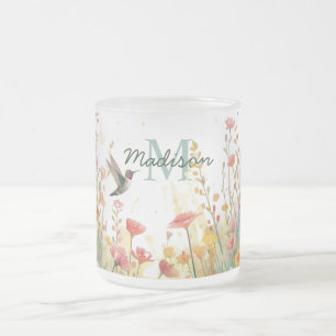 Vår Akvarell Fåglar Blommig Monogram Vildblomma Frostad Glasmugg