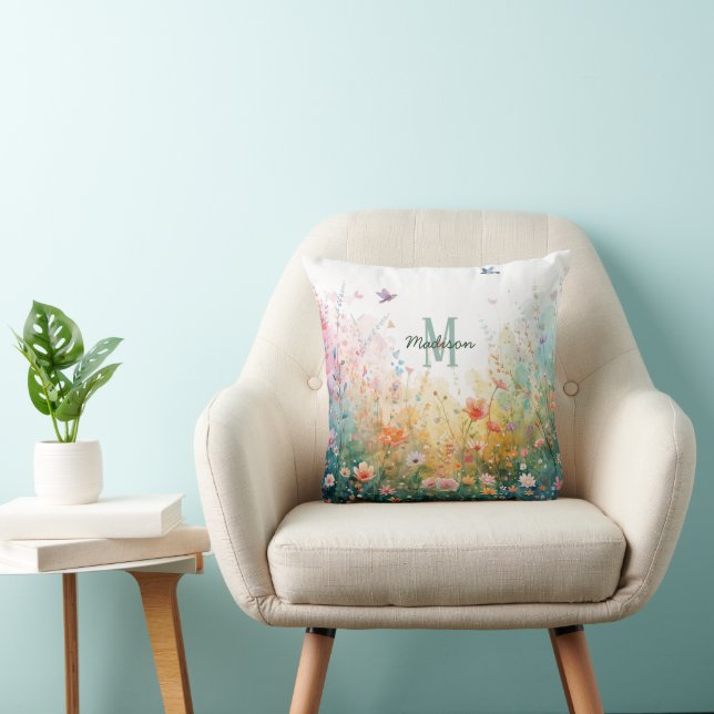 Vår Akvarell Fåglar Blommig Monogram Vildblomma Kudde (Stol)