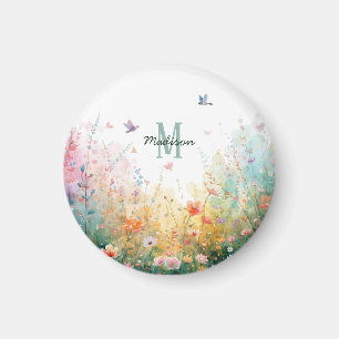 Vår Akvarell Fåglar Blommig Monogram Vildblomma Magnet