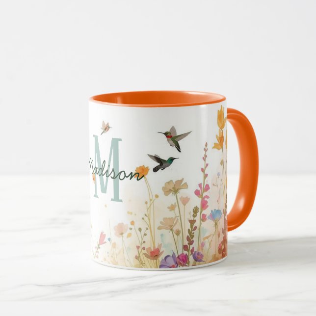 Vår Akvarell Fåglar Blommig Monogram Vildblomma Mugg (Framsida höger)