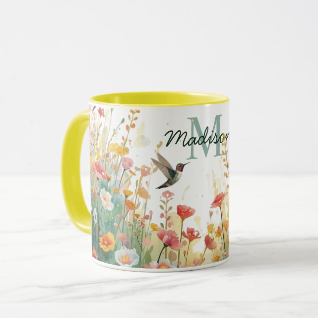 Vår Akvarell Fåglar Blommig Monogram Vildblomma Mugg (Framsida vänster)
