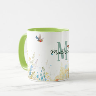 Vår Akvarell Fåglar Blommig Monogram Vildblomma Mugg