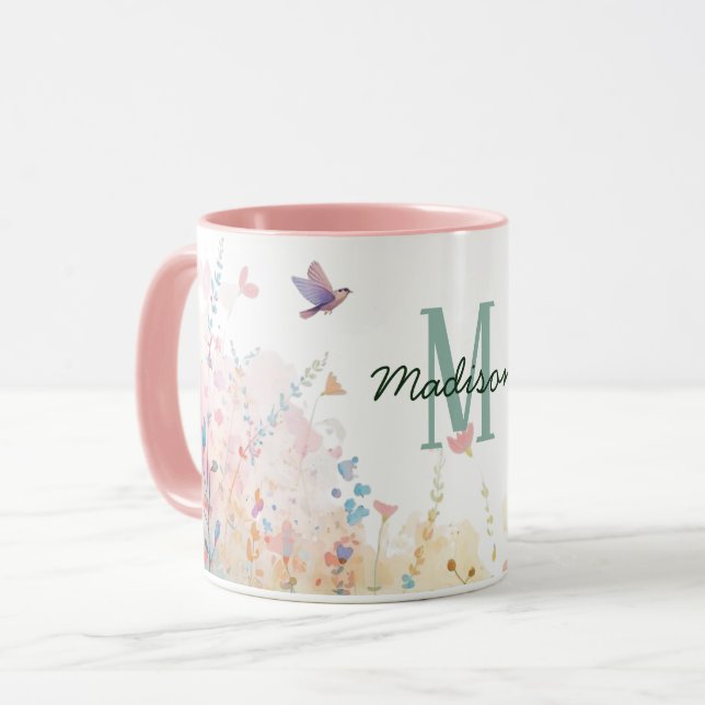 Vår Akvarell Fåglar Blommig Monogram Vildblomma Mugg (Framsida vänster)