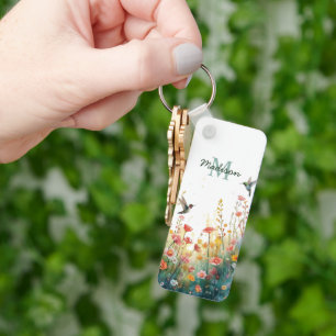 Vår Akvarell Fåglar Blommig Monogram Vildblomma Nyckelring
