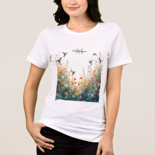 Vår Akvarell Fåglar Blommig Monogram Vildblomma T Shirt