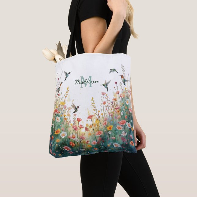 Vår Akvarell Fåglar Blommig Monogram Vildblomma Tygkasse (Närbild)