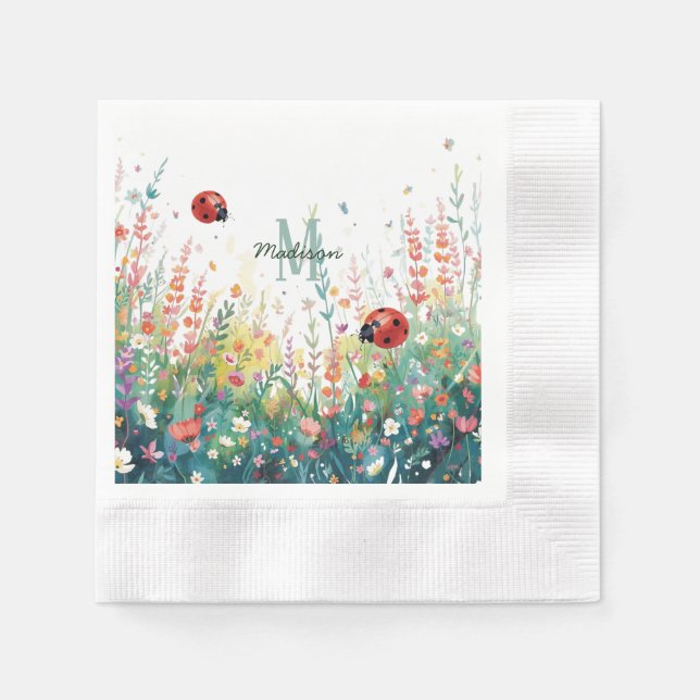 Vår Akvarell nyckelpiga Blommig Monogram Vildblomm Pappersservett (Framsidan)