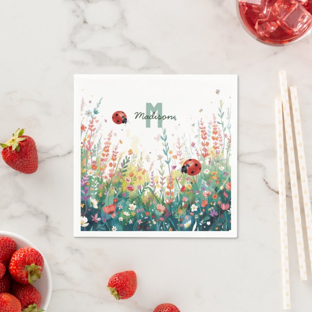 Vår Akvarell nyckelpiga Blommig Monogram Vildblomm Pappersservett (Insitu)