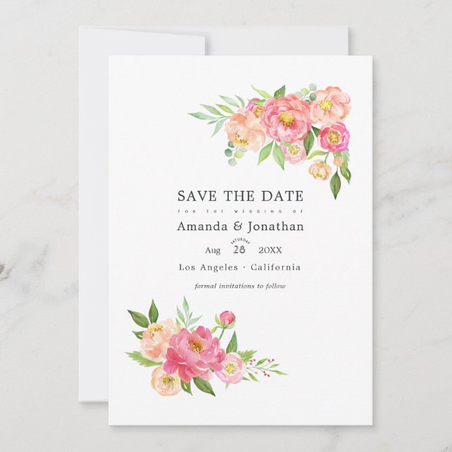 Vår Akvarell Peonies Bröllopsfoto Spara Datumet (Framsida)