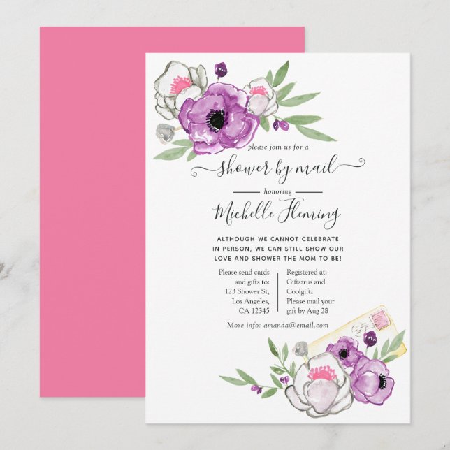 Vår akvarellblomma Babyshower via post Inbjudningar (Fram/baksida)