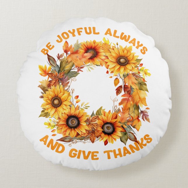 Var Alltid Glad – Höstkrans Thanksgiving Rund Kudde (Framsidan)