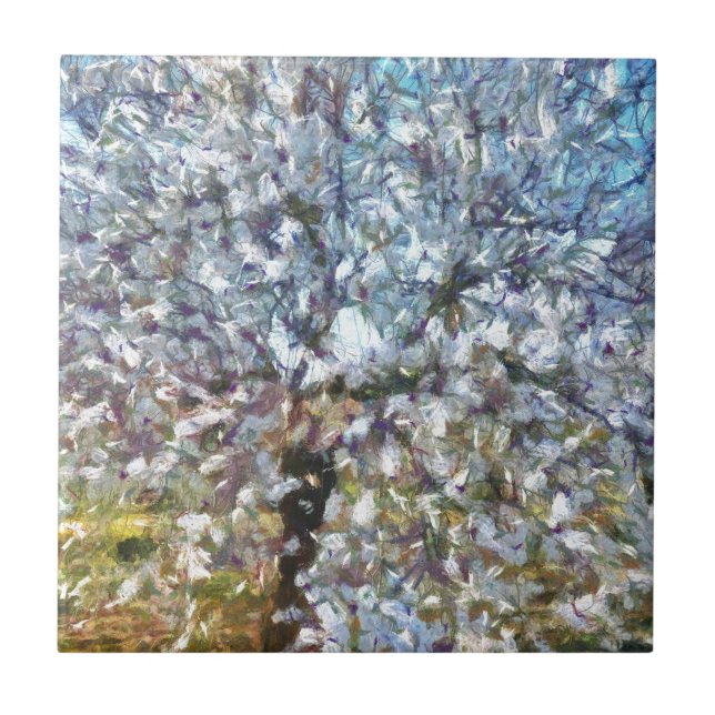 Vår Almond Blommar Pointillism Artwork Kakelplatta (Framsidan)