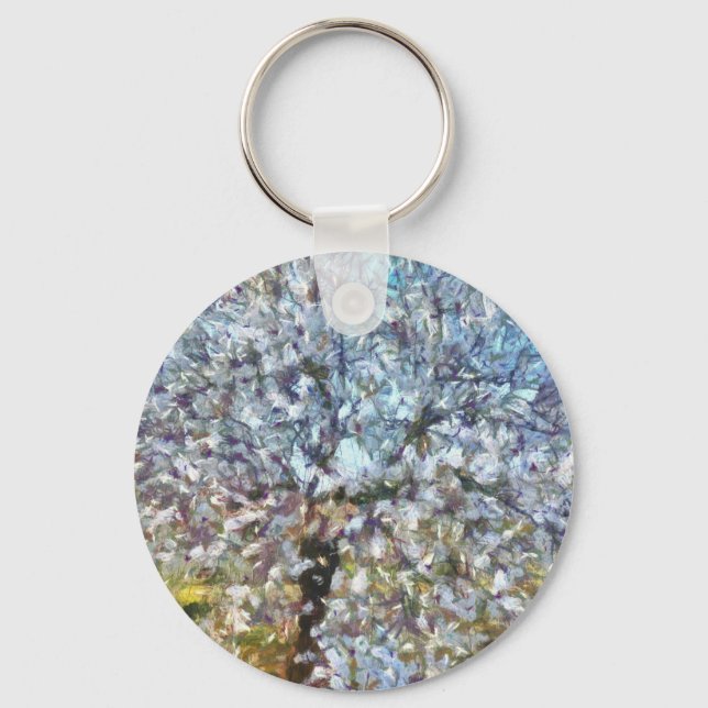 Vår Almond Blommar Pointillism Artwork Nyckelring (Framsida)