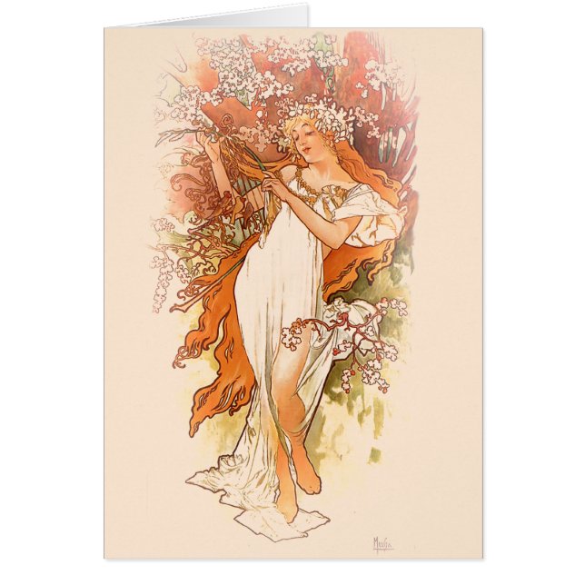Vår - Alphonse Mucha Art nouveau Hälsningskort (Framsidan)