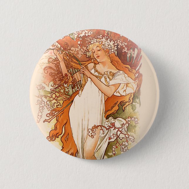 Vår - Alphonse Mucha Art nouveau Knapp (Framsida)