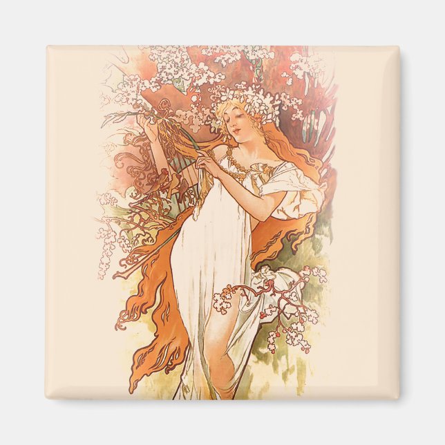 Vår - Alphonse Mucha Art nouveau Magnet (Framsidan)