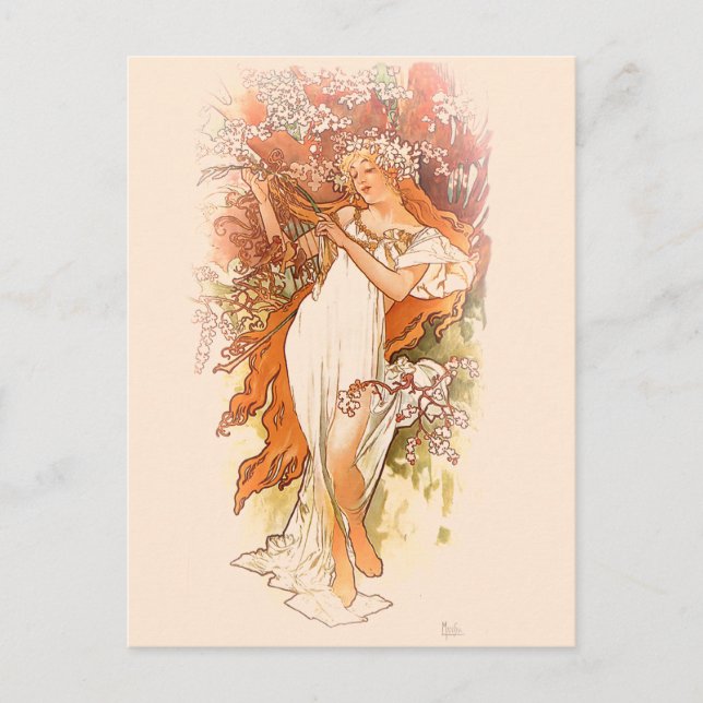 Vår - Alphonse Mucha Art nouveau Vykort (Framsida)