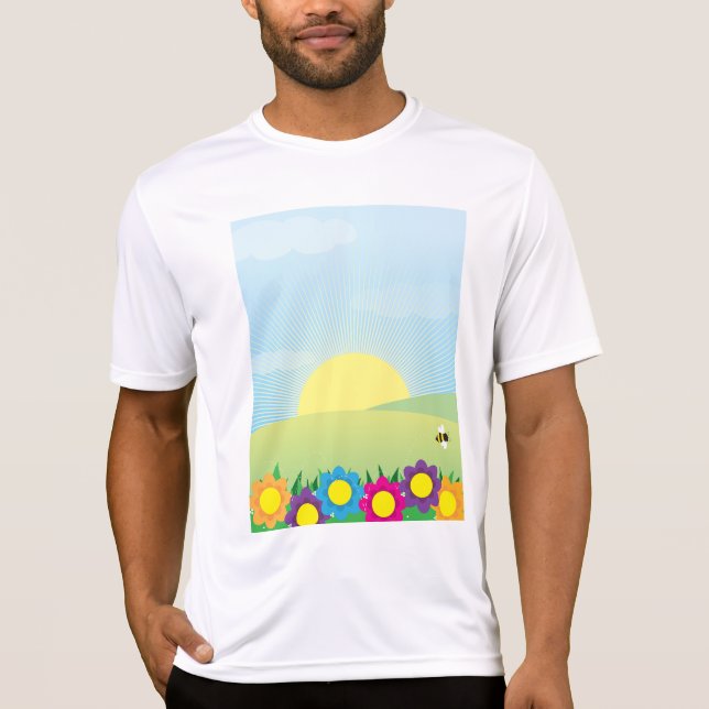 Vår Äng Soluppgång med Färgrika Blommor T Shirt (Framsida)
