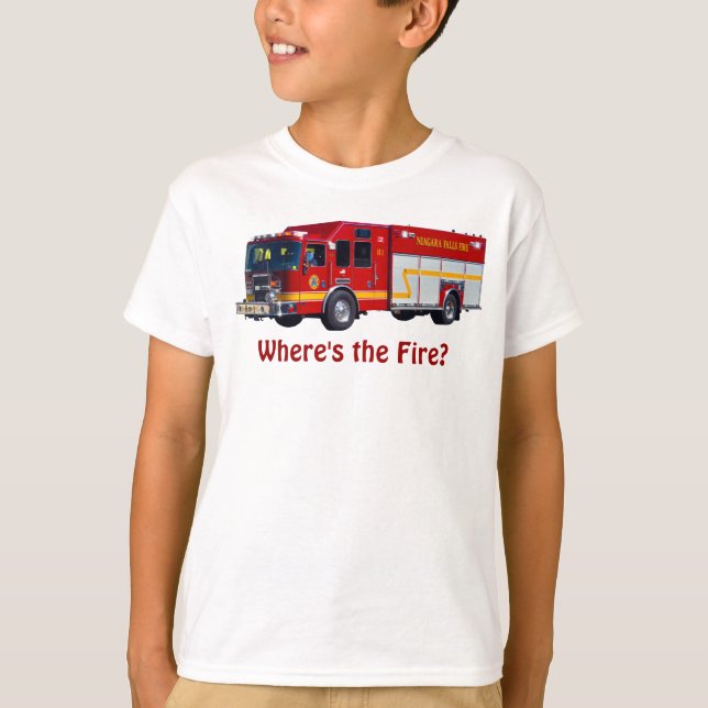 "Var är elden?" Red Fire Engine Roligt T-Shirt (Framsida)