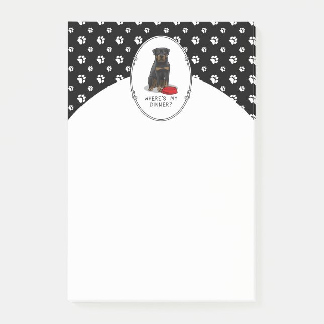 Var är min middag? Rottweiler med Red Hund Dish Post-it Block (Framsida)