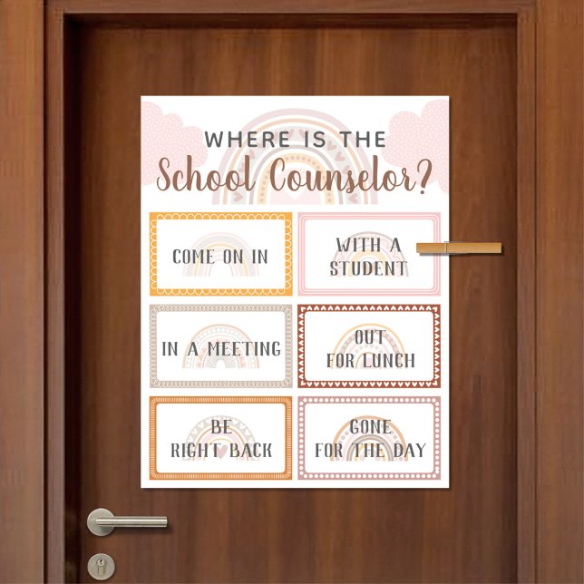 Var är skolrådgivarens Office-dörrskylt för regnbå Poster (Where Is The School Counselor Office Door Sign in Boho Rainbow Design)