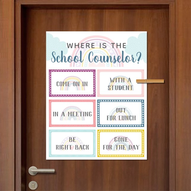 Var är skolrådgivarens Office-dörrskylt för regnbå Poster (Where Is The School Counselor Office Door Sign in Boho Rainbow Design)