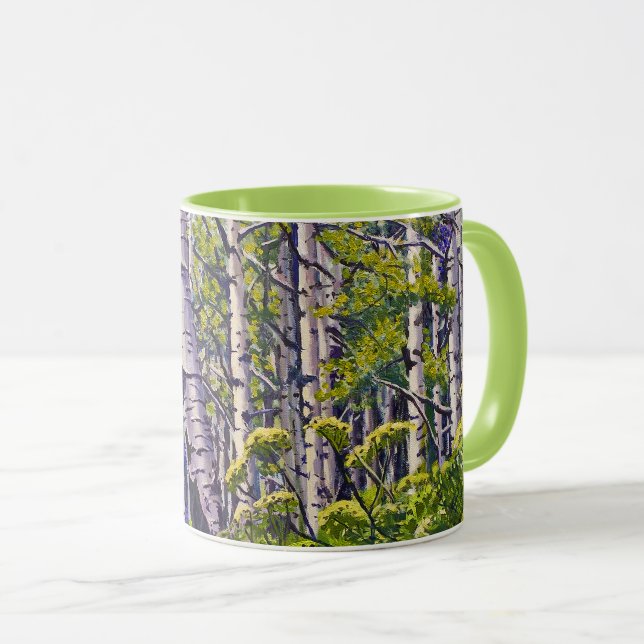 Vår Asp Träd Skogslund Lila Grön Kaffe Mugg (Framsida höger)