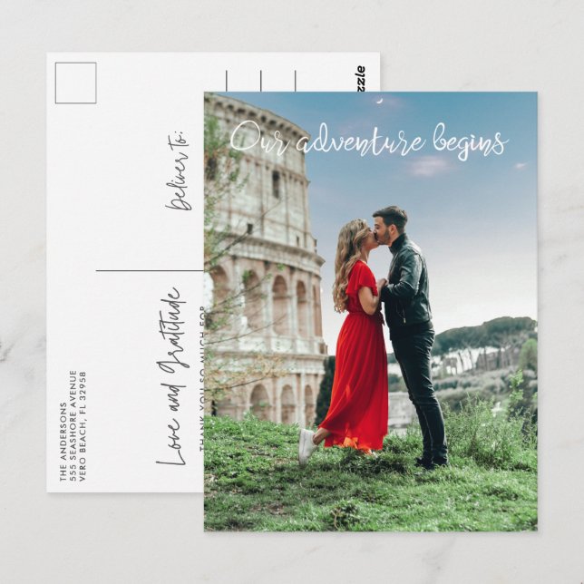 Vår Äventyr börjar Honeymoon Bröllop Tack Vykort (Fram/baksida)