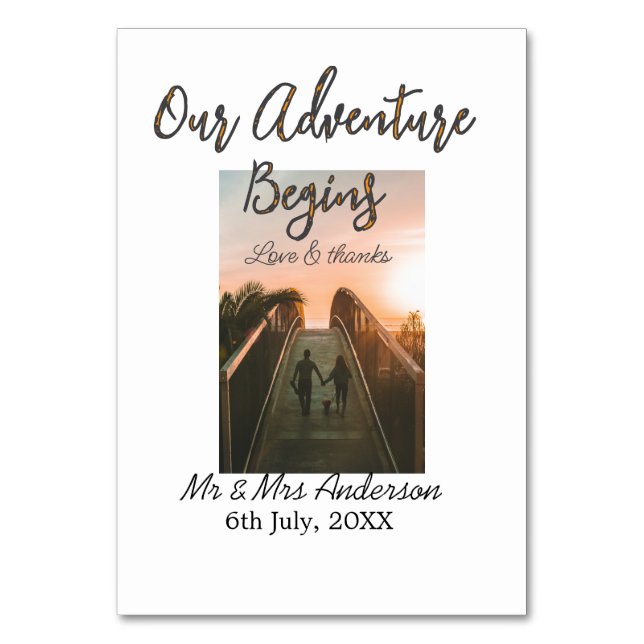 Vår Äventyr börjar med ett foto kärlek och tack Bordsnummer (Framsidan)