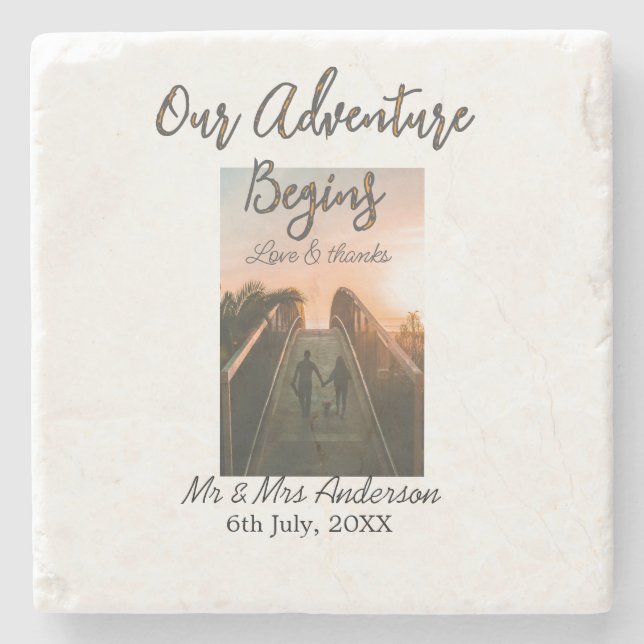 Vår Äventyr börjar med ett foto kärlek och tack Stenunderlägg (Framsidan)