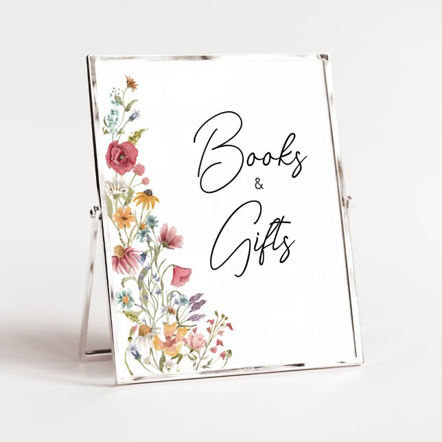 Vår Baby i Bloom Baby Shower Bokar och presenter Poster (Boho Wildflower Baby Shower Books and Gifts Sign)