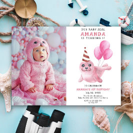 Vår Baby säl 1:a födelsedag Rosa Girl Party Inbjudningar