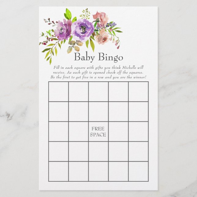 Vår Baby Shower Bingo, Blommigt med vattenfärg (Framsida)