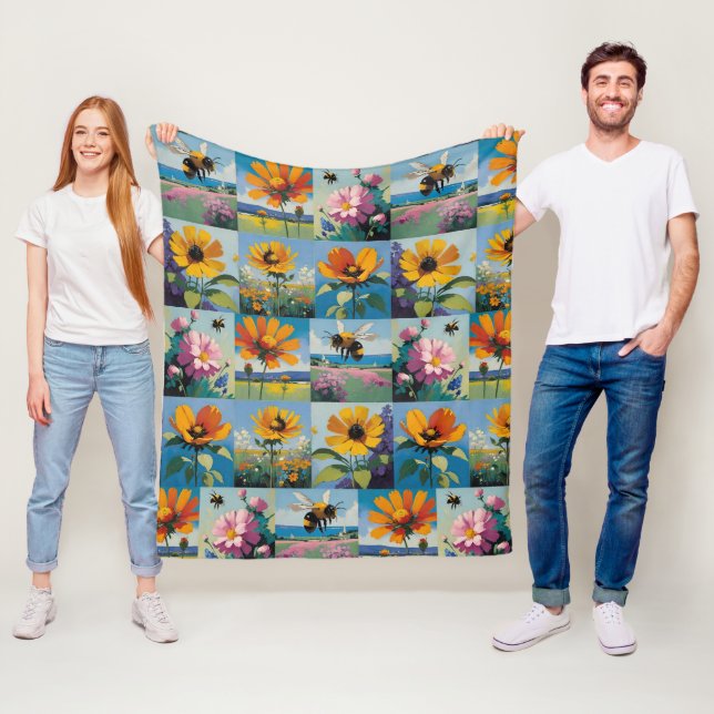 Vår Bees and Wildblommor Patchwork Fleecefilt (På plats)