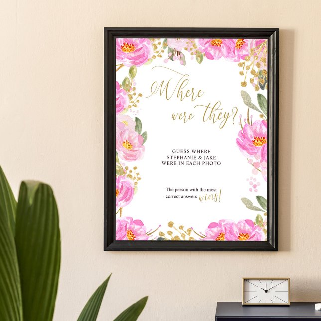 Var befann sig de Rosa Blommigt Bröllop Möhippa? Poster (Where were they wedding shower photo game poster from my Pink and Gold Watercolor Floral Collection)