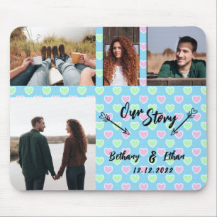 Vår berättelse med foto Collage Blue Hearts Mönste Musmatta