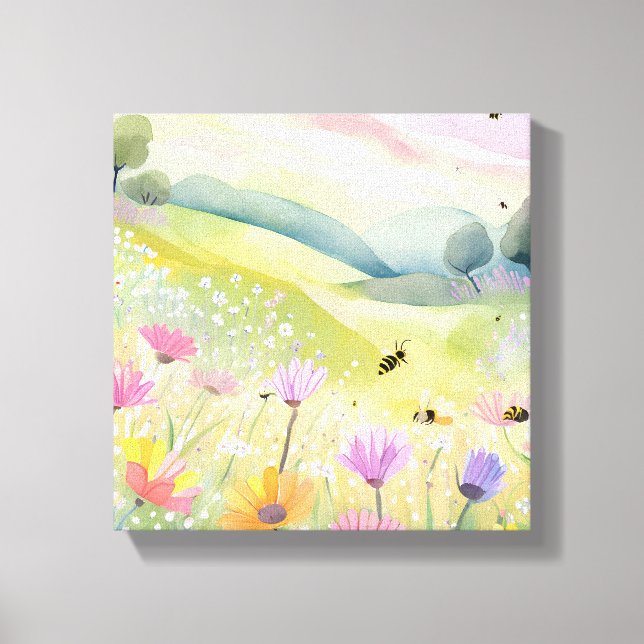 Vår Bes Flower Fält | Blommigt Färgbelagd natur Canvastryck (Framsida)