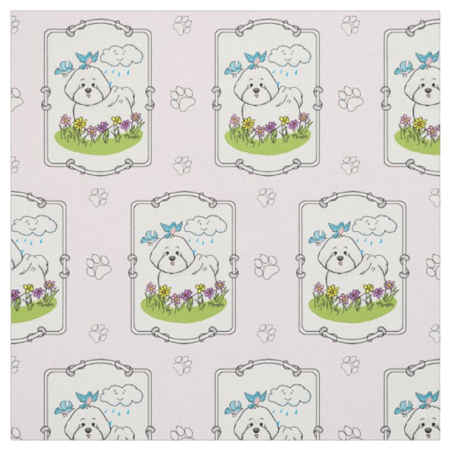 Vår Bichon Frise Hund with Flowers - Cute Tyg (Provkarta)