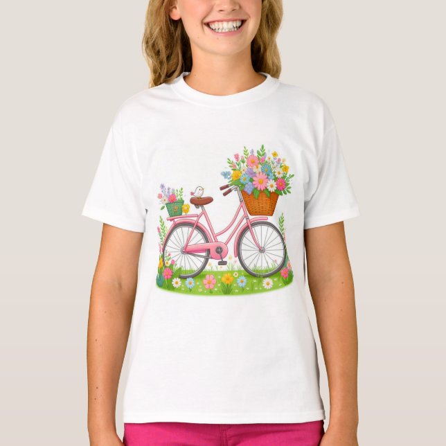 Vår Bicycle with Flowers and Bird T Shirt (Framsida)