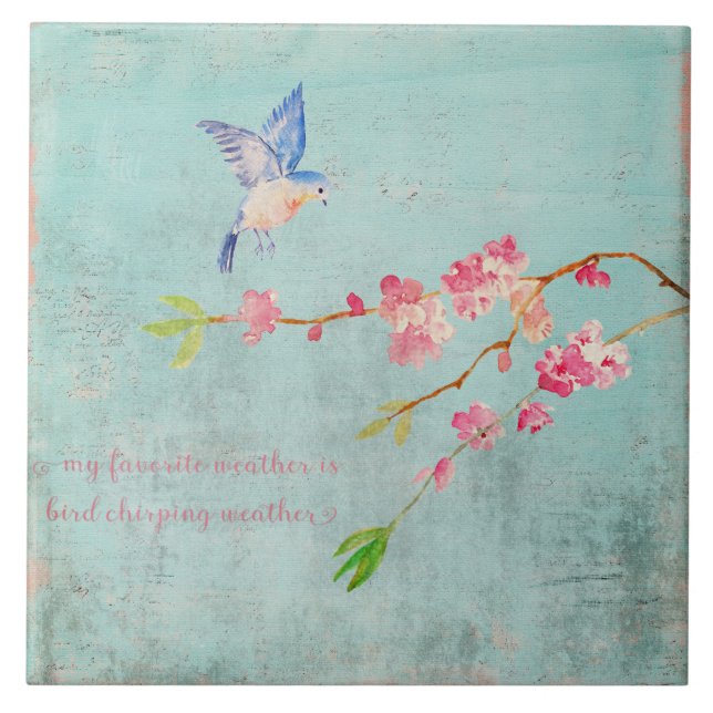 Vår Bird Blommigt Cherryblossom Weather Blue Kakelplatta (Framsidan)