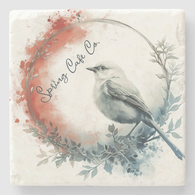 Vår Bird Blommigt Stenunderlägg (Framsidan)