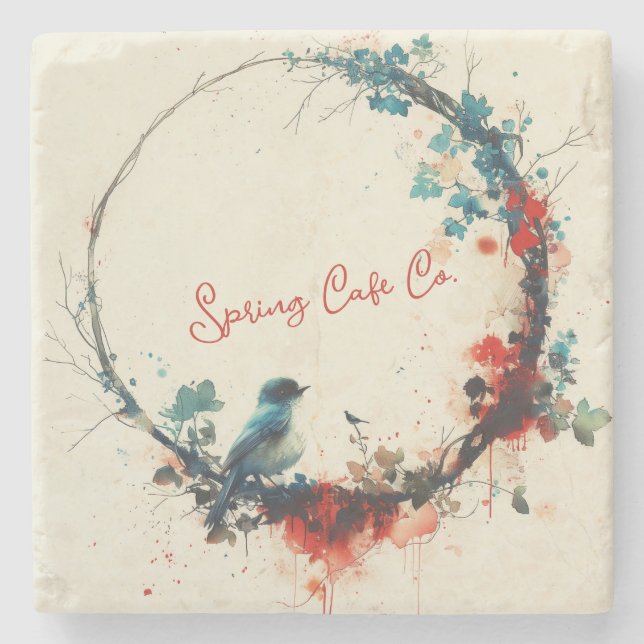 Vår Bird Blommigt Stenunderlägg (Framsidan)