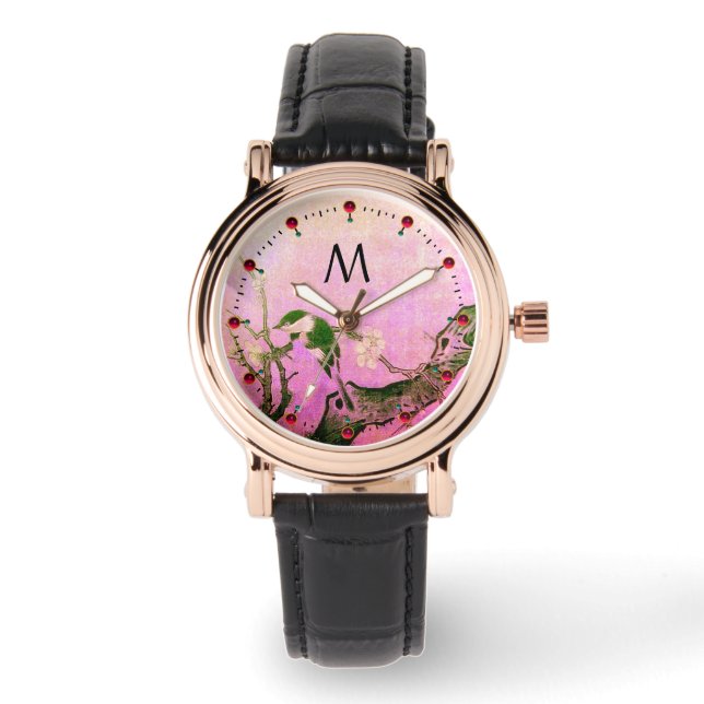 VÅR BIRD,FLOWER TRÄD Black Rosa Monogram Armbandsur (Framsida)