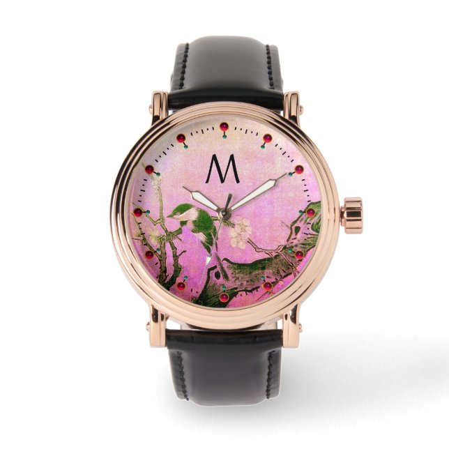 VÅR BIRD,FLOWER TRÄD Black Rosa Monogram Armbandsur (Framsida)