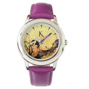 VÅR BIRD,FLOWER TRÄD Guld Gult Brown Monogram Armbandsur