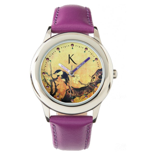 VÅR BIRD,FLOWER TRÄD Guld Gult Brown Monogram Armbandsur (Framsida)