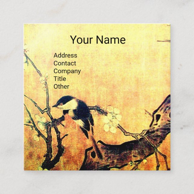 VÅR BIRD OCH TRÄD MONOGRAM Gult Brown Fyrkantigt Visitkort (Framsida)