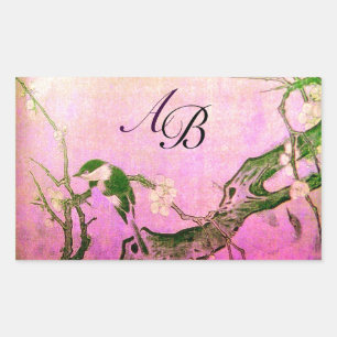 VÅR BIRD OCH TRÄD MONOGRAM Rosa Fuchsia Rektangulärt Klistermärke
