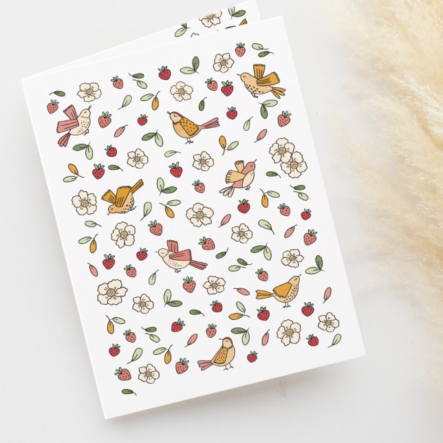 Vår Birds and Strawbär Blommönster Blank Tack Kort (Skapare uppladdad)