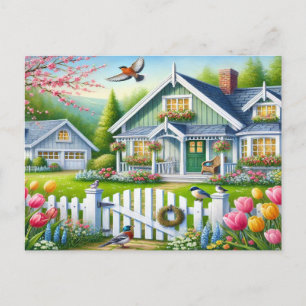 Vår Birds Nature House Postcard Watercolor Vykort